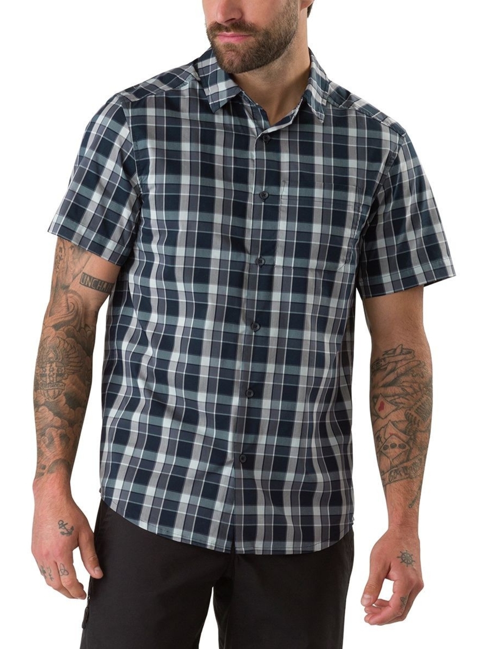 Arc'teryx Men's Short-Sleeve Navy and Light Blue Plaid Button-Down Shirt Size M